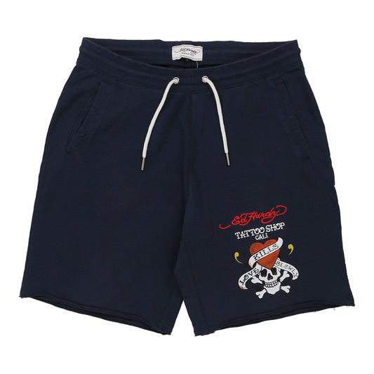 Vintage Ed Hardy Graphic Sport Shorts - Large Navy Cotton Blend