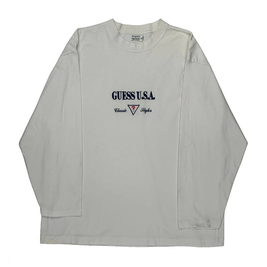 Guess Spellout Long Sleeve T-Shirt - Medium White Cotton