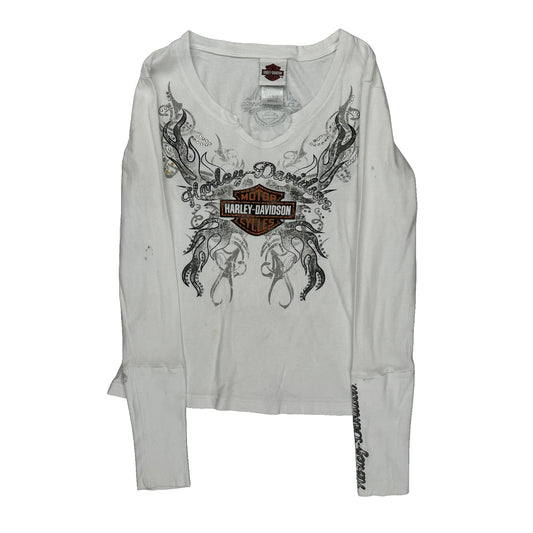 Motorcycles Harley Davidson Graphic Long Sleeve T-Shirt - Small White Cotton