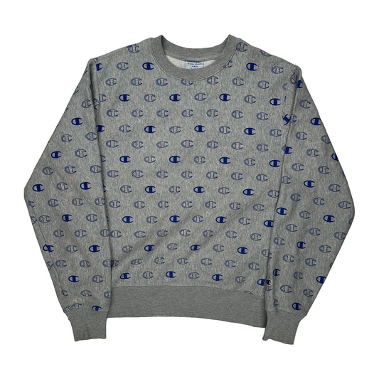 Reverse Weave Champion Spellout Sweatshirt - Large Grey Cotton