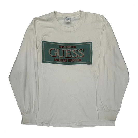 Made In USA Guess Spellout Long Sleeve T-Shirt - XL White Cotton