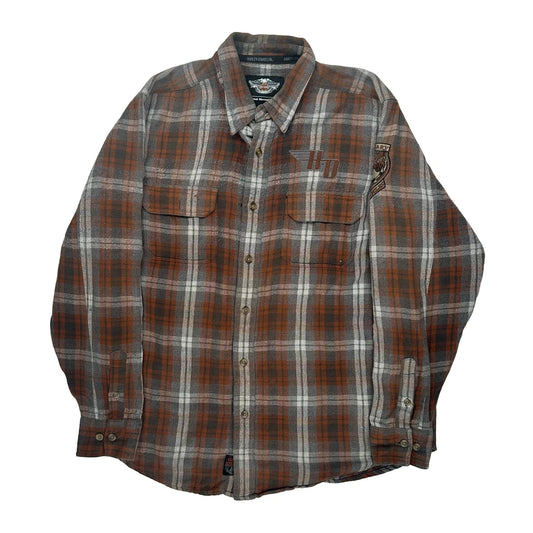 Motorcycle Harley Davidson Checked Flannel Shirt - Large Brown Cotton