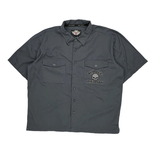 Skull Logo Harley Davidson Graphic Short Sleeve Shirt - XL Grey Cotton