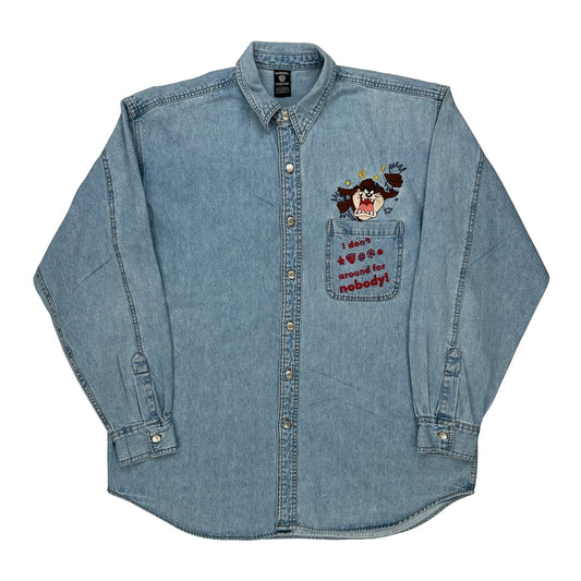Taz Warner Bros Cartoon Denim Shirt - Large Light Wash Cotton