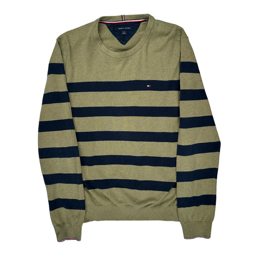 Tommy Hilfiger Striped Jumper - Large Green Cotton