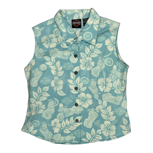 Harley Davidson Floral Hawaiian Shirt - Small Blue Cotton