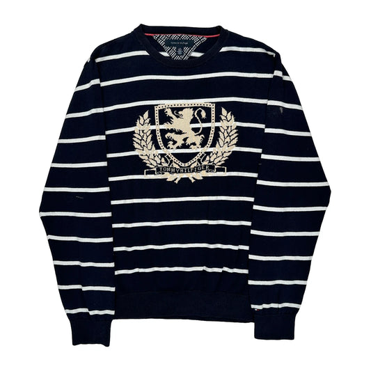 Crest Logo Tommy Hilfiger Striped Jumper - Large Navy Cotton
