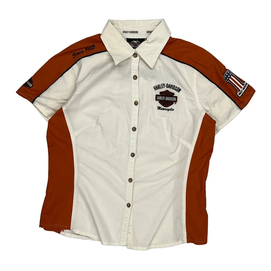 Harley Davidson Graphic Short Sleeve Shirt - Medium Orange Cotton