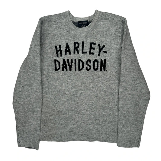 Harley Davidson Spellout Jumper - Large Grey Wool Blend