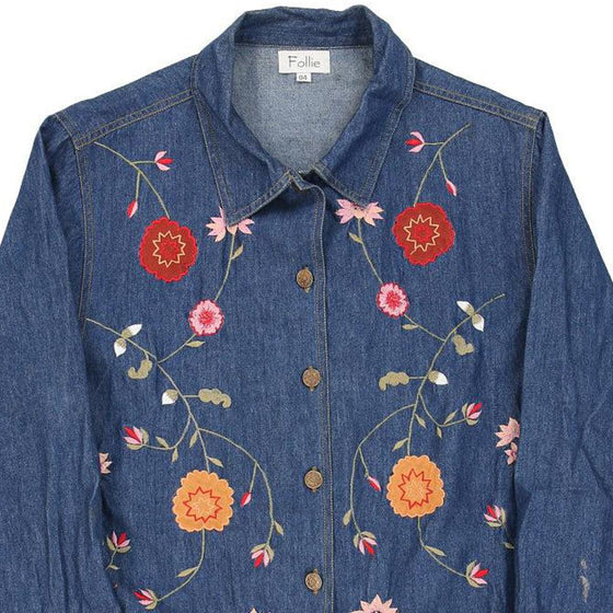 Follie Embroidered Denim Jacket - Large Blue Cotton - Thrifted.com